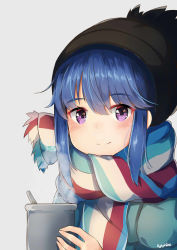 Rule 34 | 1girl, beanie, black hat, blue hair, blue jacket, blush, closed mouth, commentary request, cup, grey background, hair between eyes, hat, jacket, long hair, looking at viewer, purple eyes, scarf, shima rin, signature, simple background, smile, solo, steam, striped clothes, striped scarf, sylphine, yurucamp