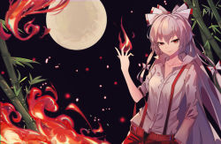 Rule 34 | 1girl, absurdres, bamboo, blouse, bow, chinese commentary, collarbone, commentary, eyebrows hidden by hair, fingernails, fire, fujiwara no mokou, full moon, grey hair, hair between eyes, hair bow, hand in pocket, hand up, highres, long hair, long sleeves, looking at viewer, moon, pants, parted lips, red eyes, red pants, shirt, smile, solo, suspenders, touhou, tsurime, upper body, very long hair, white bow, white shirt, yongzhe mei hong