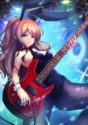 Rule 34 | 1girl, :3, animal ears, bang dream!, bare arms, bare shoulders, bass guitar, black choker, black leotard, black pantyhose, breasts, brown hair, choker, closed mouth, commentary, cowboy shot, fake animal ears, fishnet pantyhose, fishnets, green eyes, highres, holding, holding instrument, imai lisa, indoors, instrument, leotard, long hair, looking at viewer, medium breasts, music, pantyhose, playboy bunny, playing instrument, ponytail, rabbit ears, smile, soi (wxes9550505), solo, strapless, strapless leotard, wavy hair, wrist cuffs