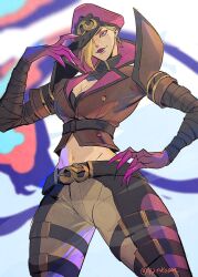 Rule 34 | 1girl, 42nkooon, belt, blonde hair, breasts, brown belt, brown jacket, brown pants, claws, cleavage, cowboy shot, evelynn (league of legends), groin, hair over one eye, jacket, large breasts, league of legends, midriff, navel, official alternate costume, pants, pink headwear, short hair, solo, soul fighter evelynn, stomach, white background