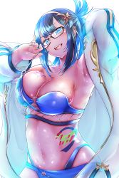 Rule 34 | 1girl, ashina merou, bare shoulders, bikini, black hair, blue bikini, blue eyes, blush, breasts, chest tattoo, cleavage, collarbone, earrings, glasses, granblue fantasy, hairband, highres, illnott, jacket, jewelry, large breasts, long hair, long sleeves, looking at viewer, navel, off shoulder, open clothes, open jacket, open mouth, see-through, see-through jacket, smile, solo, stomach tattoo, swimsuit, tattoo, thighs