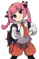 Rule 34 | 1girl, :&lt;, backpack, bag, black bag, black pantyhose, blunt bangs, blush, bracelet, closed mouth, collared shirt, commentary request, coral (pokemon), creatures (company), eyelashes, fang, fang out, game freak, hand on own hip, hand up, head tilt, highres, jewelry, nail polish, necktie, nintendo, orange necktie, orange shorts, pantyhose, pink hair, pokemon, pokemon (anime), pokemon horizons, shirt, shorts, solo, twintails, v, victoria skyk, white background