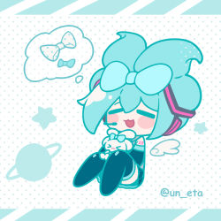 Rule 34 | &gt; &lt;, 1girl, :3, :d, animal, black skirt, black sleeves, blue bow, blue hair, blush stickers, bow, chibi, cinnamiku, cinnamoroll, closed eyes, closed mouth, commentary, crossover, detached sleeves, detached wings, ear bow, eta, facing viewer, hair between eyes, hair bow, hatsune miku, headset, no shoes, open mouth, planetary ring, pleated skirt, polka dot, polka dot background, rabbit, sanrio, skirt, smile, star (symbol), thighhighs, twitter username, vocaloid, white wings, wings