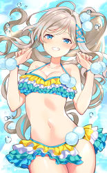 Rule 34 | 1girl, :d, ahoge, bare arms, bare shoulders, bikini, blue background, blue eyes, blush, breasts, brown hair, cleavage, collarbone, cowboy shot, fingernails, frilled bikini, frills, grin, hair ornament, hairclip, halterneck, hands up, highres, layered bikini, long hair, looking at viewer, medium breasts, multicolored bikini, multicolored clothes, navel, okanoyuno, open mouth, original, pom pom (clothes), side ponytail, signature, smile, solo, stomach, swept bangs, swimsuit, teeth, very long hair, w arms, wristband, x hair ornament