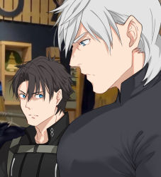 Rule 34 | 2boys, bara, black bodysuit, black shirt, blue eyes, bodysuit, breast envy, bursting pectorals, costume request, fate/grand order, fate (series), from side, fujimaru ritsuka (male), fujimaru ritsuka (male) (polar chaldea uniform), grey hair, large pectorals, looking at another, looking down, male focus, meme, multiple boys, muscle envy, muscular, muscular male, osmond, girl staring at guys chest (meme), pectoral focus, pectorals, percival (fate), shirt, short hair, staring, upper body