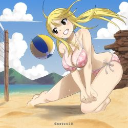 Rule 34 | 1girl, artist name, ass, ball, bare arms, bare shoulders, beach, beachball, bikini, blonde hair, blue sky, blush, bra, breasts, brown eyes, cleavage, clenched hand, cloud, collarbone, day, earrings, fairy tail, floating hair, full body, gaston18, grin, hair between eyes, happy, highres, huge ass, jewelry, large breasts, long hair, looking to the side, lucy heartfilia, mountain, multicolored bikini, multicolored bra, multicolored clothes, multicolored panties, net, on ground, outdoors, own hands together, panties, parted lips, pink bikini, pink bra, pink panties, sand, side-tie panties, sky, smile, solo, standing, sweat, sweatdrop, swimsuit, teeth, twintails, underwear, volleyball net, water, white bikini, white bra, white panties, wide hips