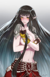 Rule 34 | 1girl, alternate costume, asagik23, black hair, blush, breasts, chain, commentary request, covering privates, covering breasts, edward teach (fate), embarrassed, fate/grand order, fate (series), frown, large breasts, long hair, looking at viewer, navel, pointy ears, semiramis (fate), slit pupils, solo, topless, very long hair, yellow eyes