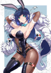 Rule 34 | 1girl, absurdres, animal ears, armpits, arms behind head, arms up, bare shoulders, black hair, black leotard, blue hair, blush, bob cut, breasts, brown pantyhose, cleavage, covered navel, detached collar, diagonal bangs, fake animal ears, feather-trimmed jacket, genshin impact, green eyes, grin, highleg, highleg leotard, highres, jacket, jacket on shoulders, large breasts, leotard, looking at viewer, mole, mole on breast, multicolored hair, pantyhose, playboy bunny, rabbit ears, short hair, smile, thighs, torahime (roland00), two-tone hair, white jacket, yelan (genshin impact)