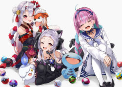 Rule 34 | 3girls, :d, ;d, ^ ^, absurdres, ahoge, anchor hair ornament, animal ears, bare shoulders, black bow, black dress, black footwear, black kimono, black sleeves, blue bow, blue hair, blue hairband, blue nails, blue sailor collar, blue skirt, blush, bow, braid, breasts, cat ears, cat girl, cat tail, closed eyes, collarbone, commentary request, creatures (company), criss-cross halter, crossover, detached sleeves, dress, facing viewer, fang, frilled bow, frilled sailor collar, frills, game freak, gen 1 pokemon, gen 2 pokemon, gen 5 pokemon, great ball, grey background, growlithe, hair ornament, hairband, halterneck, heal ball, highres, hololive, horns, hugging own legs, jacket, japanese clothes, juliet sleeves, kimono, knees up, konkito, leaning to the side, litwick, loafers, long hair, long sleeves, low twintails, lying, medium breasts, minato aqua, minato aqua (sailor), multicolored hair, multiple girls, murasaki shion, murasaki shion (gothic lolita), nail polish, nakiri ayame, nakiri ayame (1st costume), nintendo, off shoulder, on stomach, one eye closed, oni, open clothes, open jacket, open mouth, pantyhose, pink hair, pleated skirt, poke ball, poke ball (basic), pokemon, pokemon (creature), puffy sleeves, red eyes, red hair, sailor collar, shirt, shoes, silver hair, sitting, skin-covered horns, skirt, sleeves past wrists, smile, streaked hair, tail, tail bow, tail ornament, twin braids, twintails, two-tone hair, very long hair, virtual youtuber, white jacket, white legwear, white shirt, wide sleeves, wooper