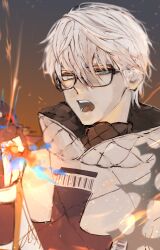 Rule 34 | 1boy, absurdres, armor, barcode, black-framed eyewear, black armor, blue eyes, clenched hand, coat, cross, fate/grand order, fate/grand order arcade, fate (series), fire, glasses, grey hair, hair between eyes, highres, hood, hood down, hooded coat, jacques de molay (saber) (fate), jtgbaaa, looking at viewer, male focus, open mouth, padded coat, pauldrons, shoulder armor, single pauldron, solo, upper body, white coat