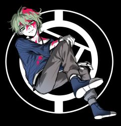 Rule 34 | 1boy, amami rantaro, black background, blood, blood in hair, blood on arm, blood on clothes, blood on face, brown pants, collarbone, danganronpa (series), danganronpa v3: killing harmony, earrings, full body, green eyes, hair between eyes, jewelry, knee up, male focus, necklace, pants, parted lips, pink blood, shirt, shoes, short hair, smile, solo, striped clothes, striped shirt, teeth, towa (01towa 0w0), white background