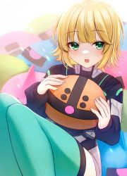 Rule 34 | 1girl, :d, black shirt, blonde hair, character request, feet out of frame, green eyes, grey shorts, gundam, hands up, highres, holding, holding stuffed toy, hoshimiya aki, knees up, long sleeves, looking at viewer, official art, open mouth, puffy long sleeves, puffy sleeves, shirt, short shorts, shorts, smile, solo, stuffed toy, thighhighs