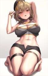 Rule 34 | 1girl, ahoge, anis (nikke), arm behind head, arm up, armpits, barefoot, beret, black hat, black shorts, blush, breasts, cat hair ornament, cleavage, cleavage cutout, clothing cutout, commentary, crop top, goddess of victory: nikke, gradient background, grey background, hair ornament, hat, holding, holding hair, kneeling, lambda (kusowarota), large breasts, light brown hair, linea alba, looking at viewer, medium hair, navel, open fly, raised eyebrows, short shorts, shorts, skindentation, solo, stomach, teeth, thigh strap, thighs, toned, upper teeth only, white background, yellow eyes