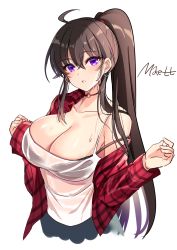 Rule 34 | 1girl, absurdres, ahoge, bare shoulders, black bra, black choker, black hair, bra, bra visible through clothes, breasts, camisole, choker, cleavage, collarbone, counter:side, cropped torso, earrings, hands up, highres, hoop earrings, jacket, jewelry, large breasts, long hair, long sleeves, looking at viewer, maett, open clothes, open jacket, parted lips, plaid, plaid jacket, ponytail, purple eyes, red jacket, see-through, shirt, solo, sweat, underwear, very long hair, wet, wet clothes, wet shirt, white shirt, yoo mina
