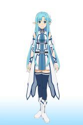Rule 34 | 10s, 1girl, asuna (sao), asuna (sao-alo), belt, blue eyes, blue hair, blue ribbon, blue thighhighs, detached sleeves, dress, highres, long hair, looking at viewer, official art, pleated dress, pointy ears, ribbon, shoes, sleeveless, sleeveless dress, solo, sword art online, thighhighs, very long hair, white footwear, zettai ryouiki