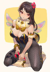 Rule 34 | 1girl, bare shoulders, bee costume, black hair, black leotard, black pantyhose, bow, bowtie, bracelet, breasts, cleavage, closed mouth, earrings, final fantasy, final fantasy vii, fishnet pantyhose, fishnets, flower, full body, fur collar, fur trim, hair flower, hair ornament, highres, insect wings, jewelry, large breasts, leotard, long hair, looking to the side, nail polish, pantyhose, red eyes, red flower, shop p, sitting, solo, swept bangs, tifa lockhart, wariza, wings
