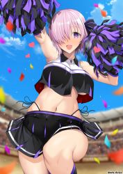 Rule 34 | 1girl, bare shoulders, black skirt, black socks, breasts, brynhildr (cheer for master) (fate), brynhildr (fate), cheerleader, cloud, colosseum, commentary request, confetti, craft essence (fate), crop top, fate/grand order, fate (series), heart, highleg, highleg panties, knee up, large breasts, mash kyrielight, midriff, navel, one eye covered, open mouth, outdoors, panties, pleated skirt, pom pom (cheerleading), purple eyes, purple hair, purple skirt, short hair, side-tie panties, skirt, sky, sleeveless, socks, solo, symbol-only commentary, twitter username, two-tone skirt, unadon, underboob, underwear
