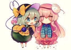 Rule 34 | 2girls, absurdres, asymmetrical footwear, black footwear, black headwear, blue shirt, blush, bow, bowtie, chibi, circle, commentary request, frilled shirt collar, frills, full body, green eyes, green footwear, green hair, green skirt, grey background, hair between eyes, hat, hat bow, hata no kokoro, heart, heart of string, highres, holding, holding knife, holding weapon, knife, komeiji koishi, kyouda suzuka, leaning forward, long hair, long sleeves, looking at another, mask, mask on head, mismatched footwear, multiple girls, open mouth, petticoat, pill, pink eyes, pink footwear, pink hair, pink skirt, plaid, plaid shirt, purple bow, purple neckwear, shirt, shoes, short hair, sidelocks, simple background, skirt, sleeves past fingers, sleeves past wrists, standing, star (symbol), tassel, third eye, touhou, triangle, very long hair, weapon, wide sleeves, x, yellow bow, yellow shirt