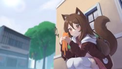 Rule 34 | 1girl, :3, absurdres, animal, animal ear fluff, animal ears, blurry, blurry background, blush, brown eyes, brown hair, brown jacket, cat, cloud, cloudy sky, day, depth of field, highres, holding, holding animal, holding cat, jacket, klaius, long hair, long sleeves, miniskirt, neckerchief, open clothes, open jacket, original, outdoors, pink skirt, rayzent, red neckerchief, school uniform, serafuku, skirt, sky, smile, solo, squatting, symbol in eye, tail, tail raised, thighhighs, tree, wall lamp, white thighhighs