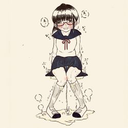 Rule 34 | 1girl, beige background, black eyes, blue panties, blue sailor collar, blue skirt, blush, brown hair, crying, embarrassed, female focus, full body, glasses, half-closed eyes, have to pee, high ponytail, highres, kneehighs, knees together feet apart, long sleeves, looking at viewer, onoe (pixiv 12045294), open mouth, original, panties, pantyshot, peeing, peeing self, pigeon-toed, pleated skirt, ponytail, puddle, red-framed eyewear, red ribbon, ribbon, sailor collar, school uniform, serafuku, shirt, shoes, simple background, sitting, skindentation, skirt, socks, solo, speech bubble, steam, sweat, tears, text focus, translation request, trembling, underwear, wet, wet clothes, wet panties, white footwear, white shirt, white socks