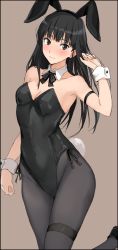 Rule 34 | 1girl, amagami, animal ears, ayatsuji tsukasa, black bow, black bowtie, black eyes, black hair, black leotard, black pantyhose, bow, bowtie, breasts, brown background, cleavage, detached collar, fake animal ears, leotard, long hair, looking at viewer, mobu, pantyhose, playboy bunny, rabbit ears, rabbit tail, simple background, small breasts, solo, standing, strapless, strapless leotard, tail, wrist cuffs