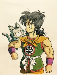Rule 34 | 1boy, :d, animal, animal on shoulder, belt, black eyes, black hair, clenched hands, clothes writing, commentary request, dragon ball, dragon ball (classic), flying, happy, highres, lee (dragon garou), long hair, looking at another, male focus, muscular, neckerchief, open mouth, orange neckerchief, puar, shaded face, simple background, sleeveless, smile, standing, tail, upper body, whiskers, white background, wristband, yamcha