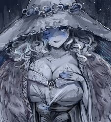 Rule 34 | 1girl, breasts, cleavage, cloak, collarbone, colored skin, commentary, covered erect nipples, curly hair, dress, elden ring, english commentary, extra arms, fur cloak, grey cloak, grey dress, grey eyes, grey skin, hand on own chest, hat, huge breasts, light particles, long hair, looking at viewer, noiretox, one eye closed, ranni the witch, sketch, solo, upper body, witch, witch hat