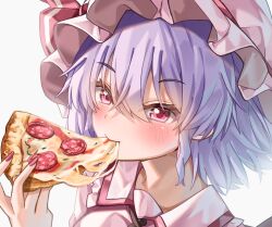 Rule 34 | 1girl, bow, cheese, eating, food, hat, hat ribbon, highres, holding, holding food, holding pizza, mahoro (minase mahoro), mob cap, pepperoni, pink hat, pink shirt, pizza, pizza slice, purple hair, red bow, red eyes, red nails, remilia scarlet, ribbon, shirt, short hair, solo, touhou, white background