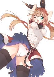 Rule 34 | 10s, 1girl, ;d, absurdres, arms behind head, black thighhighs, bow, bow panties, breasts, brown hair, clarisse (granblue fantasy), covered erect nipples, from below, granblue fantasy, green eyes, highres, long hair, looking at viewer, navel, one eye closed, open mouth, panties, pantyshot, sideboob, skirt, small breasts, smile, solo, sora from france, thighhighs, underwear, white background, white panties, wind, wind lift