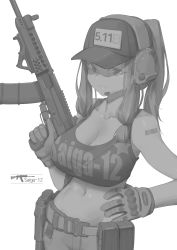 Rule 34 | 1girl, absurdres, alternate costume, aronman, barcode, barcode tattoo, baseball cap, belt, belt pouch, bralines, breasts, bustier, character name, cleavage, clothes writing, collarbone, girls&#039; frontline, gloves, greyscale, gun, hand on own hip, hat, headset, highres, holding, holding gun, holding weapon, large breasts, long hair, looking at viewer, monochrome, navel, ponytail, pouch, saiga-12, saiga-12 (girls&#039; frontline), shotgun, sidelocks, simple background, smile, solo, sports bra, stomach, tattoo, trigger discipline, utility belt, weapon, white background