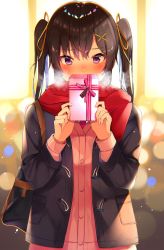 Rule 34 | 1girl, bad id, bad twitter id, bag, black coat, black hair, blurry, blush, bokeh, breasts, breath, cardigan, coat, cold, commentary request, covered mouth, depth of field, gift, hair ornament, hair ribbon, hairclip, highres, holding, holding gift, light particles, long hair, necktie, night, open clothes, open coat, original, outdoors, pink cardigan, pink necktie, purple eyes, red scarf, reno 0901, ribbon, scarf, school bag, shirt, sidelocks, small breasts, solo, twintails, upper body, valentine, white shirt, x hair ornament, yellow ribbon