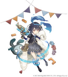 Rule 34 | 1girl, aged down, alice (sinoalice), blanket, blue hair, dark blue hair, frilled skirt, frills, full body, hairband, ji no, looking at viewer, nightmare (sinoalice), official art, pocket watch, puffy short sleeves, puffy sleeves, red eyes, short hair, short sleeves, sinoalice, skirt, solo, square enix, stuffed toy, tattoo, toy, toy block, toy car, watch, water gun, white background