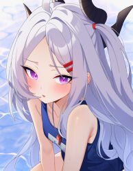 Rule 34 | 1girl, absurdres, blue archive, collarbone, demon girl, demon horns, halo, highres, hina (blue archive), hina (swimsuit) (blue archive), horns, karaage (xxxmido02), long hair, name tag, official alternate costume, official alternate hairstyle, old school swimsuit, one side up, parted bangs, parted lips, purple eyes, school swimsuit, sidelocks, solo, swimsuit, translation request, whistle, whistle around neck, white hair