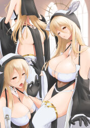 Rule 34 | 1girl, ass, azur lane, bare shoulders, black gloves, blonde hair, breast cutout, breasts, cleavage, commentary request, covered navel, fake horns, fellatio gesture, gloves, habit, hair between eyes, half gloves, highres, horns, implacable (azur lane), large breasts, long hair, looking at viewer, misoka1m, multiple views, nun, open mouth, pelvic curtain, red eyes, revealing clothes, thighhighs, tongue, tongue out, two-tone dress, very long hair, white horns, white thighhighs