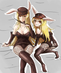 Rule 34 | 2girls, anger vein, animal ears, ass, bad id, bad pixiv id, blonde hair, breasts, bridal gauntlets, rabbit ears, rabbit tail, cameltoe, cannelle (sword girls), cleavage, clenched teeth, corset, dual persona, fishnet pantyhose, fishnets, hat, large breasts, leather, crossed legs, light smile, long hair, looking back, mu (swag01), multiple girls, pantyhose, red eyes, shako cap, sitting, socks, striped, sword girls, tail, teeth, thighhighs, very long hair