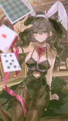 Rule 34 | 1girl, absurdres, animal ears, arm at side, arm support, asahina mafuyu, bare shoulders, black bow, black leotard, black pantyhose, blue eyes, blush, bow, bowtie, breasts, card, casino, closed mouth, clothing cutout, club (shape), collarbone, detached collar, dot nose, fake animal ears, feet out of frame, hair between eyes, hair bow, hair ornament, heart, heart cutout, highleg, highleg leotard, highres, indoors, large breasts, leotard, looking at viewer, mafuyusdil, nail polish, on table, pantyhose, pink bow, pink bowtie, pink nails, pink ribbon, playboy bunny, playing card, poker table, project sekai, purple hair, rabbit ears, rabbit hole (vocaloid), ribbon, shadow, side-tie leotard, sitting, smile, solo, stomach cutout, table, teardrop facial mark, thighband pantyhose, twintails, wrist ribbon, x hair ornament