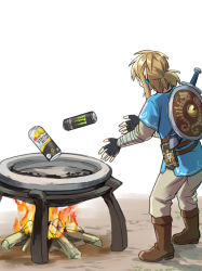 Rule 34 | 1boy, alcohol, bandaged arm, bandages, belt, black gloves, blonde hair, blue shirt, boots, brown footwear, brown pants, campfire, can, cooking, cooking pot, drink can, earrings, english text, fingerless gloves, fire, from behind, full body, gameplay mechanics, gloves, hair tie, jewelry, layered sleeves, link, long sleeves, male focus, monbetsu kuniharu, monster energy, nintendo, outdoors, pants, pointy ears, ponytail, sheath, sheathed, sheikah slate, shield, shield on back, shirt, short hair, short over long sleeves, short sleeves, sidelocks, simple background, soda can, solo, standing, strong zero, sword, the legend of zelda, the legend of zelda: breath of the wild, weapon, weapon on back, white background, wood
