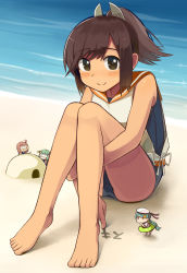 Rule 34 | 10s, 1girl, 53cm submarine bow torpedo mount, ahoge, bad id, bad pixiv id, barefoot, beach, blush, brown eyes, brown hair, covering own mouth, fairy (kancolle), feet, goggles, green hair, hair bobbles, hair ornament, hat, heart, heart-shaped pupils, highres, hugging own legs, i-401 (kancolle), innertube, kantai collection, kazumania, knees together feet apart, looking at viewer, mini person, minigirl, outdoors, ponytail, red hair, sand sculpture, school swimsuit, seiran (kancolle), sitting, smile, solo, star (symbol), star hair ornament, swim ring, swimsuit, swimsuit under clothes, symbol-shaped pupils, toes, twintails, water