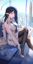 Rule 34 | 1girl, absurdres, belt, black hair, black pantyhose, blue archive, blue eyes, blue eyeshadow, blue hair, blue necktie, blurry, blurry background, blush, breasts, building, coat, coat on shoulders, colored inner hair, commentary request, crossed legs, dress, eyeshadow, foot out of frame, glasses, gloves, halo, hand on own knee, high heels, highres, holstered, indoors, large breasts, long hair, looking at viewer, loose belt, makeup, multicolored hair, necktie, ninebell, pantyhose, pointy ears, rimless eyewear, rin (blue archive), sideways glance, single bare shoulder, sitting, skyscraper, sleeveless, sleeveless dress, smile, solo, two-tone hair, unworn eyewear, very long hair, white coat, white dress, white footwear, white gloves