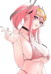 Rule 34 | 1girl, azur lane, bare shoulders, bikini, breasts, bremerton (azur lane), choker, cleavage, ear piercing, from side, front-tie top, headgear, highres, large breasts, looking at viewer, multicolored hair, nail polish, piercing, pink bikini, red eyes, red nails, sideboob, sidelocks, skeptycally, strap pull, streaked hair, sunglasses on head, swimsuit, tinted eyewear, tongue, tongue out, twintails, underboob, yellow-tinted eyewear