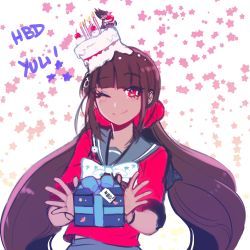 Rule 34 | 1girl, ;), black hair, blunt bangs, box, brown hair, cake, candle, cele (310v3), cherry, commentary, danganronpa (series), danganronpa v3: killing harmony, english commentary, food, food on head, fruit, gift, gift box, hair ornament, hair scrunchie, happy birthday, harukawa maki, highres, holding, holding gift, long hair, looking at viewer, low twintails, mini person, miniboy, mole, mole under eye, momota kaito, object on head, one eye closed, red eyes, red scrunchie, red shirt, sailor collar, school uniform, scrunchie, serafuku, shirt, skirt, smile, solo focus, twintails, upper body, very long hair