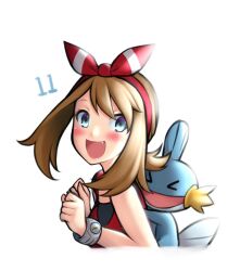 Rule 34 | &gt; &lt;, 1girl, :d, blue eyes, blush, bow, bracelet, brown hair, creatures (company), fang, from side, game freak, gen 3 pokemon, hair bow, highres, jewelry, looking at viewer, may (pokemon), mudkip, nintendo, open mouth, pinguinkotak, pokemon, pokemon (creature), pokemon on back, pokemon oras, red bow, smile, white background