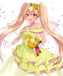 Rule 34 | 10s, 1girl, :d, bare shoulders, blonde hair, blush, bouquet, brown eyes, dark skin, dark-skinned female, dress, flower, fukahire (ruinon), glasses, gloves, green dress, hair flower, hair ornament, holding, holding bouquet, jewelry, long hair, necklace, off shoulder, open mouth, pearl necklace, petals, retoree (show by rock!!), rimless eyewear, show by rock!!, smile, solo, twintails, veil, very long hair, white background, white gloves