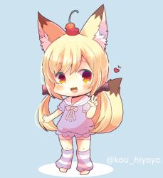 Rule 34 | 1girl, :3, :d, animal ear fluff, animal ears, barefoot, black bow, blonde hair, blue background, blush, bow, chibi, commentary request, copyright request, fox ears, fox girl, fox tail, full body, hair between eyes, hair bow, hand up, heart, kou hiyoyo, leg warmers, long hair, looking at viewer, low twintails, open mouth, pink shorts, puffy short sleeves, puffy sleeves, purple shirt, red eyes, sailor collar, shirt, short shorts, short sleeves, shorts, smile, solo, standing, striped clothes, striped legwear, striped thighhighs, tail, tail raised, thighhighs, twintails, twitter username, very long hair, w, white sailor collar