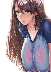 Rule 34 | 1girl, bent over, blush, bra, breasts, brown hair, collarbone, commentary request, dripping, eyelashes, green eyes, gym shirt, idolmaster, idolmaster cinderella girls, lace, lace-trimmed bra, lace trim, large breasts, leaning forward, long hair, looking at viewer, messy hair, nishikawa honami, open mouth, revision, sagging breasts, see-through, see-through shirt, shirt, short sleeves, sweat, sweaty clothes, underwear, upper body, very sweaty, warainaku, wet, wet clothes, wet hair, white background