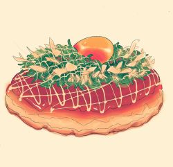 Rule 34 | arinko (a ringo hoppe), artist name, egg, egg yolk, food, food focus, jpeg artifacts, no humans, okonomiyaki, original, signature, simple background, sketch, still life, twitter username, yellow background
