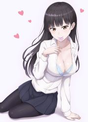 Rule 34 | 1girl, arm support, black hair, black pantyhose, blue bra, blunt bangs, blush, bow, bow bra, bra, breasts, brown eyes, cleavage, collarbone, condom, condom in mouth, condom wrapper, darknessukaru, dress shirt, hand up, head tilt, heart, highres, long hair, looking at viewer, mouth hold, open clothes, open shirt, original, pantyhose, partially unbuttoned, pleated skirt, shiny clothes, shiny skin, shirt, skirt, smile, solo, underwear