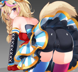 Rule 34 | 1girl, ahoge, all fours, animal ears, arm support, ass, asymmetrical legwear, bent over, bike shorts, black hair, blonde hair, blue thighhighs, braid, cleft of venus, club hair ornament, commentary request, detached sleeves, diamond hair ornament, dress, facial mark, fat mons, feet out of frame, fennec fox, festa11307070, fox ears, fox girl, fox tail, from behind, gloves, gradient background, grey background, hair between eyes, hair ornament, hairclip, hololive, long hair, looking at viewer, looking back, mismatched legwear, multicolored hair, omaru polka, omaru polka (1st costume), pink hair, pink thighhighs, playing card theme, pleated dress, purple eyes, red gloves, shadow, shiny clothes, shiny skin, short shorts, shorts, side braid, sidelocks, skindentation, sleeveless, sleeveless dress, solo, spade hair ornament, streaked hair, striped clothes, striped thighhighs, tail, thighhighs, thighs, vertical-striped clothes, vertical-striped thighhighs, virtual youtuber, x hair ornament