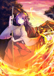 Rule 34 | 1girl, bad id, bad pixiv id, bamboo broom, broom, concealed weapon, fire, fire, highres, japanese clothes, katana, long hair, long sleeves, looking at viewer, magenta (atyana), miko, original, purple eyes, purple hair, rope, sash, sheath, shimenawa, shrine, smile, solo, sunset, sword, torii, tree, two side up, unsheathing, weapon, wide sleeves