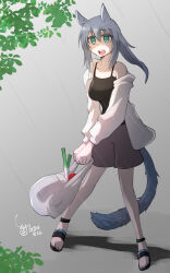 1girl absurdres bag black_dress cat_girl cat_tail collarbone dated dress full_body green_eyes grey_fur grey_hair highres holding holding_bag hood hoodie kohei_painter long_hair looking_afar off_shoulder open_mouth original rain signature solo spaghetti_strap spring_onion standing tail teeth upper_teeth_only white_hoodie